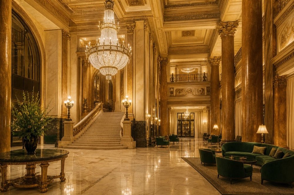 Hotel előcsarnok márványburkolattal és meleg világítással